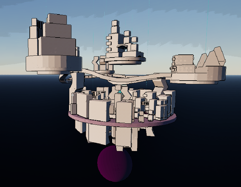 A screenshot of the map in Supernova. A sprawling cityscape with floating islands, and under city, and a blackhole underneath everything.